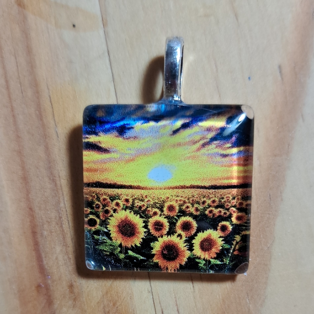 Hand crafted Glass Tile Pendant Sunflowers 1" square necklace